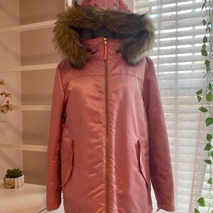 Pink Women's Jacket with Fur Hood